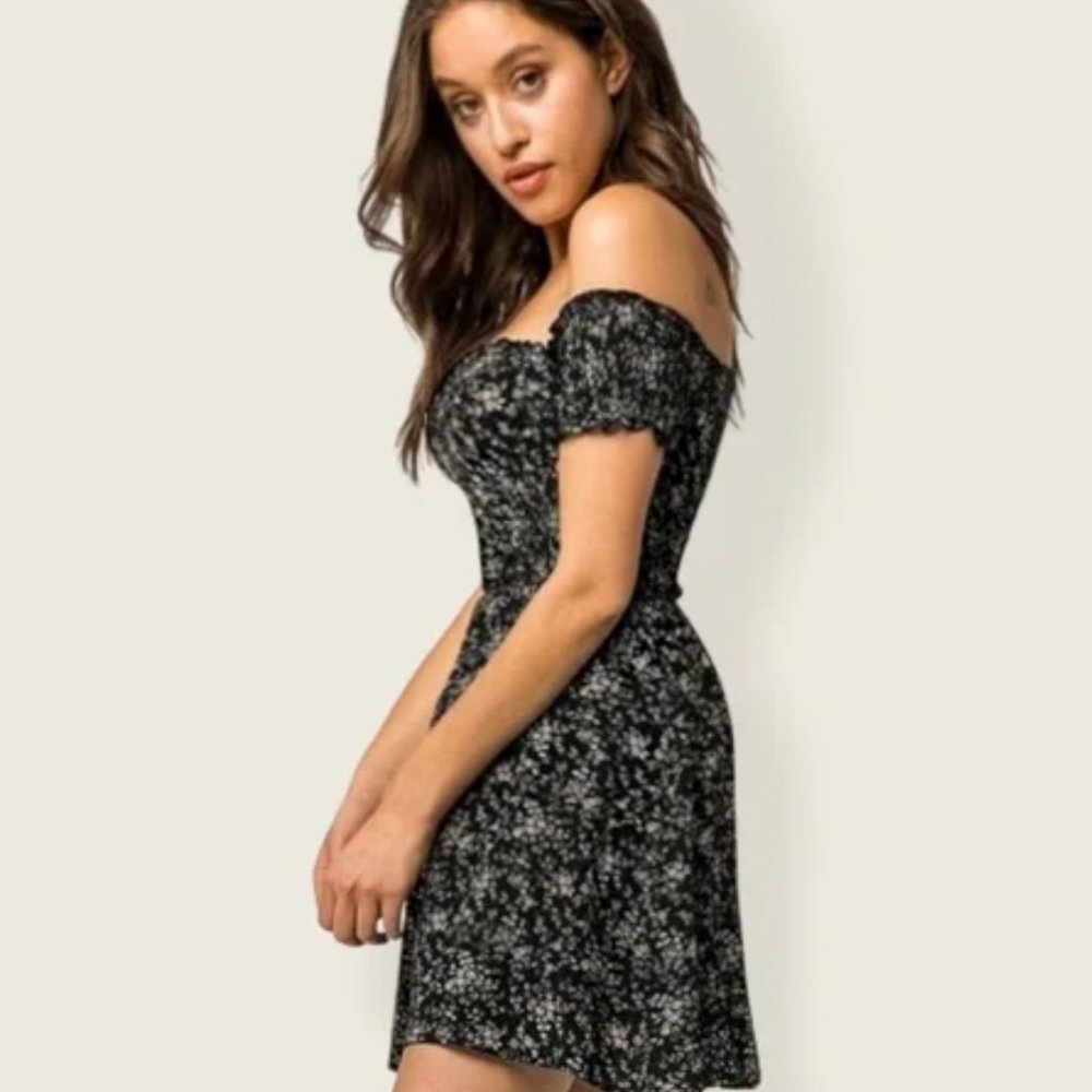 Garage Black Ditsy Floral Smocked Off The Shoulder Prairie Dress